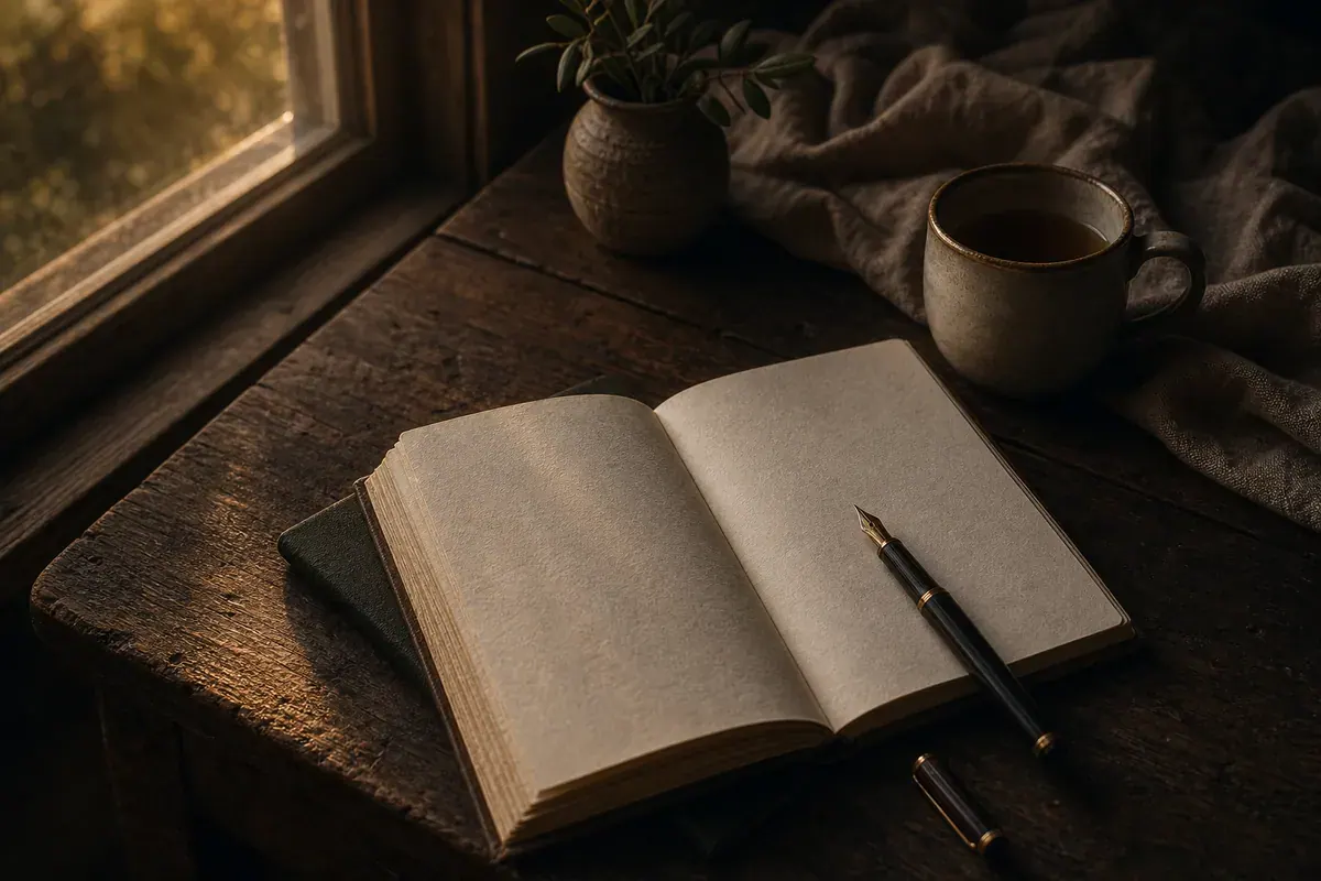 Notebook and coffee in soft golden light