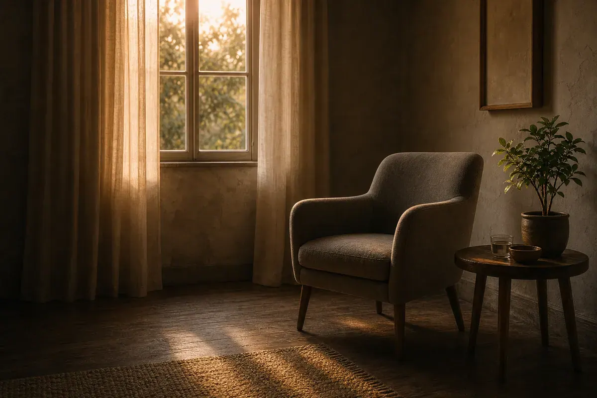 Warm therapy room with chair and natural light